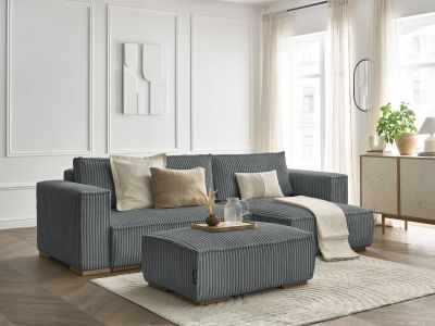 Canapé d'angle convertible réversible coffre CHELSEA gros côtelé doux avec pouf