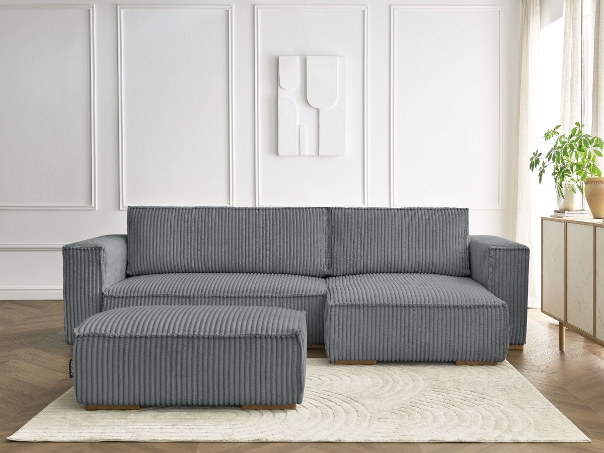 Canapé d'angle convertible réversible coffre CHELSEA gros côtelé doux avec pouf gris foncé — vue 5