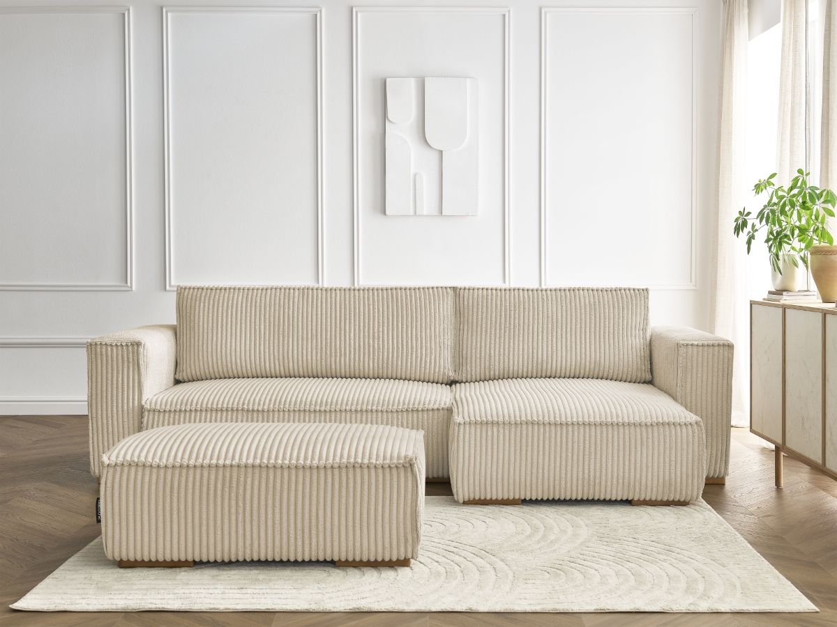 Canapé d'angle convertible réversible coffre CHELSEA gros côtelé doux avec pouf taupe — vue 5