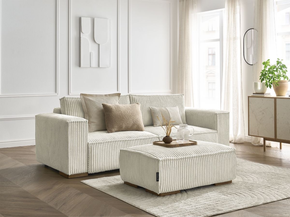 Canapé droit convertible coffre CHELSEA gros côtelé doux avec pouf
