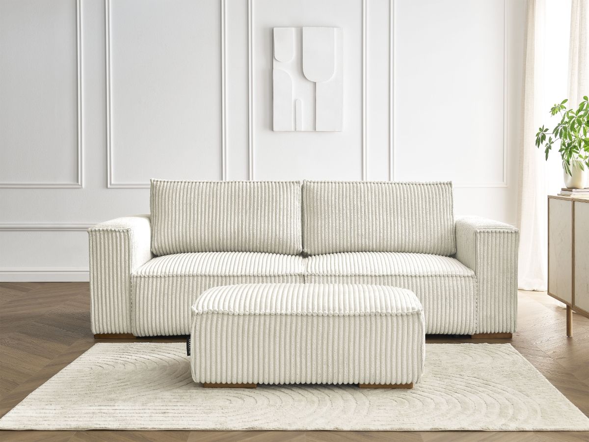 Canapé droit convertible coffre CHELSEA gros côtelé doux avec pouf beige — vue 5