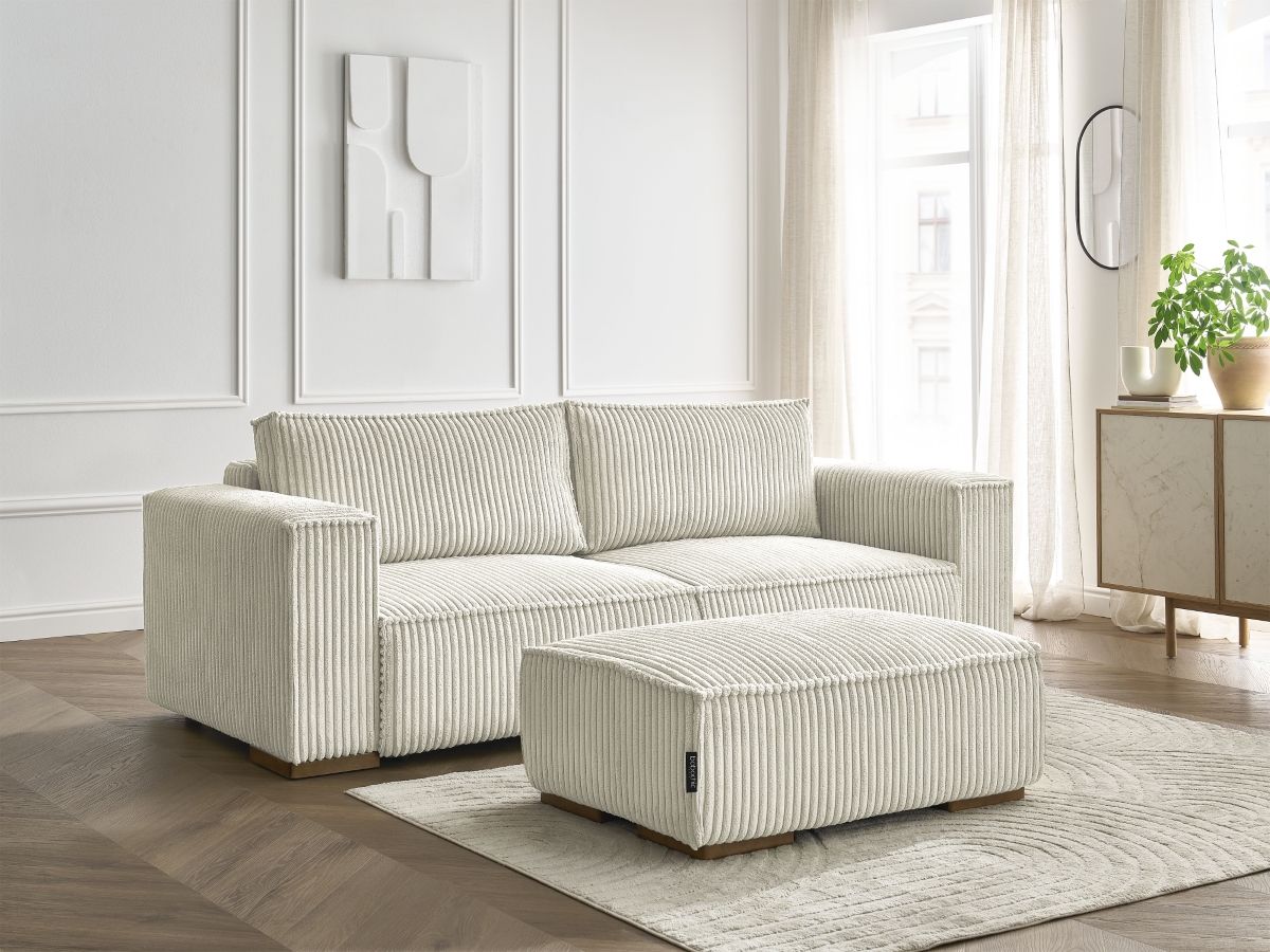 Canapé droit convertible coffre CHELSEA gros côtelé doux avec pouf
