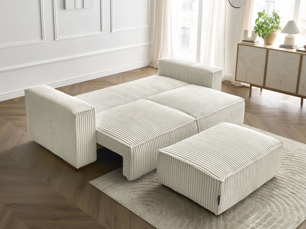 Canapé droit convertible coffre CHELSEA gros côtelé doux avec pouf