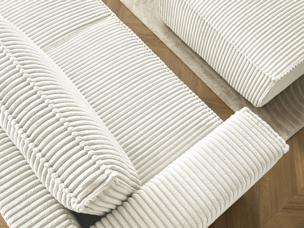 Canapé droit convertible coffre CHELSEA gros côtelé doux avec pouf