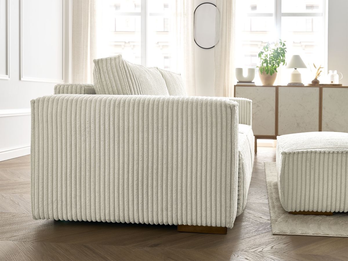 Canapé droit convertible coffre CHELSEA gros côtelé doux avec pouf