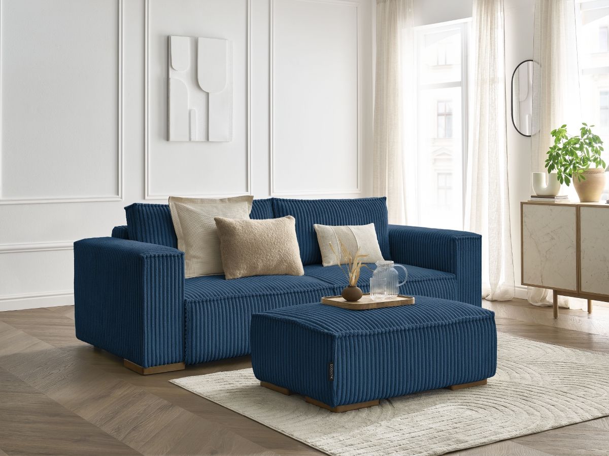 Canapé droit convertible coffre CHELSEA gros côtelé doux avec pouf
