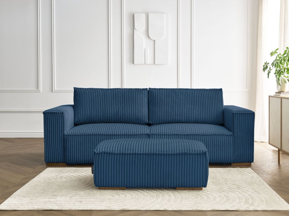 Canapé droit convertible coffre CHELSEA gros côtelé doux avec pouf bleu foncé   BOBOCHIC 4 places - Vue supplémentaire 3