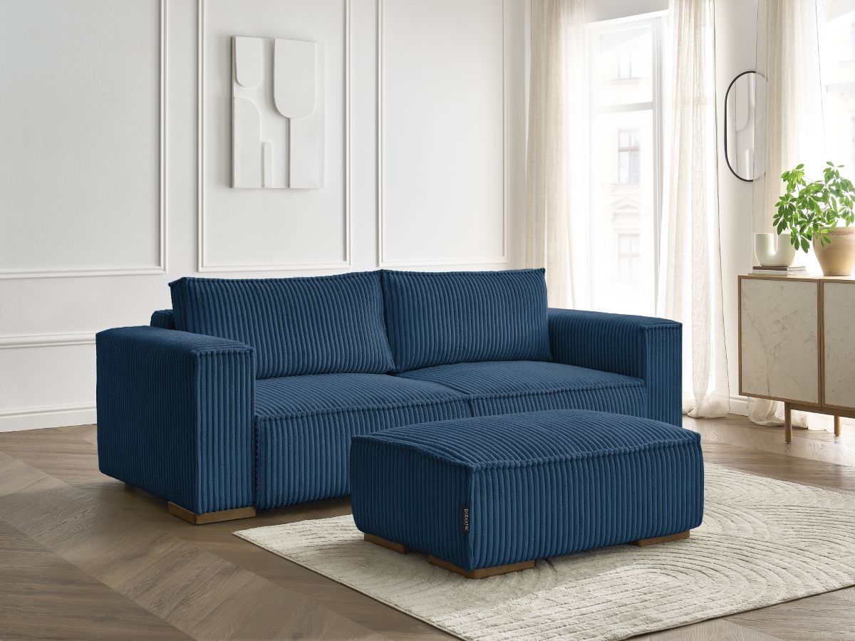 Canapé droit convertible coffre CHELSEA gros côtelé doux avec pouf