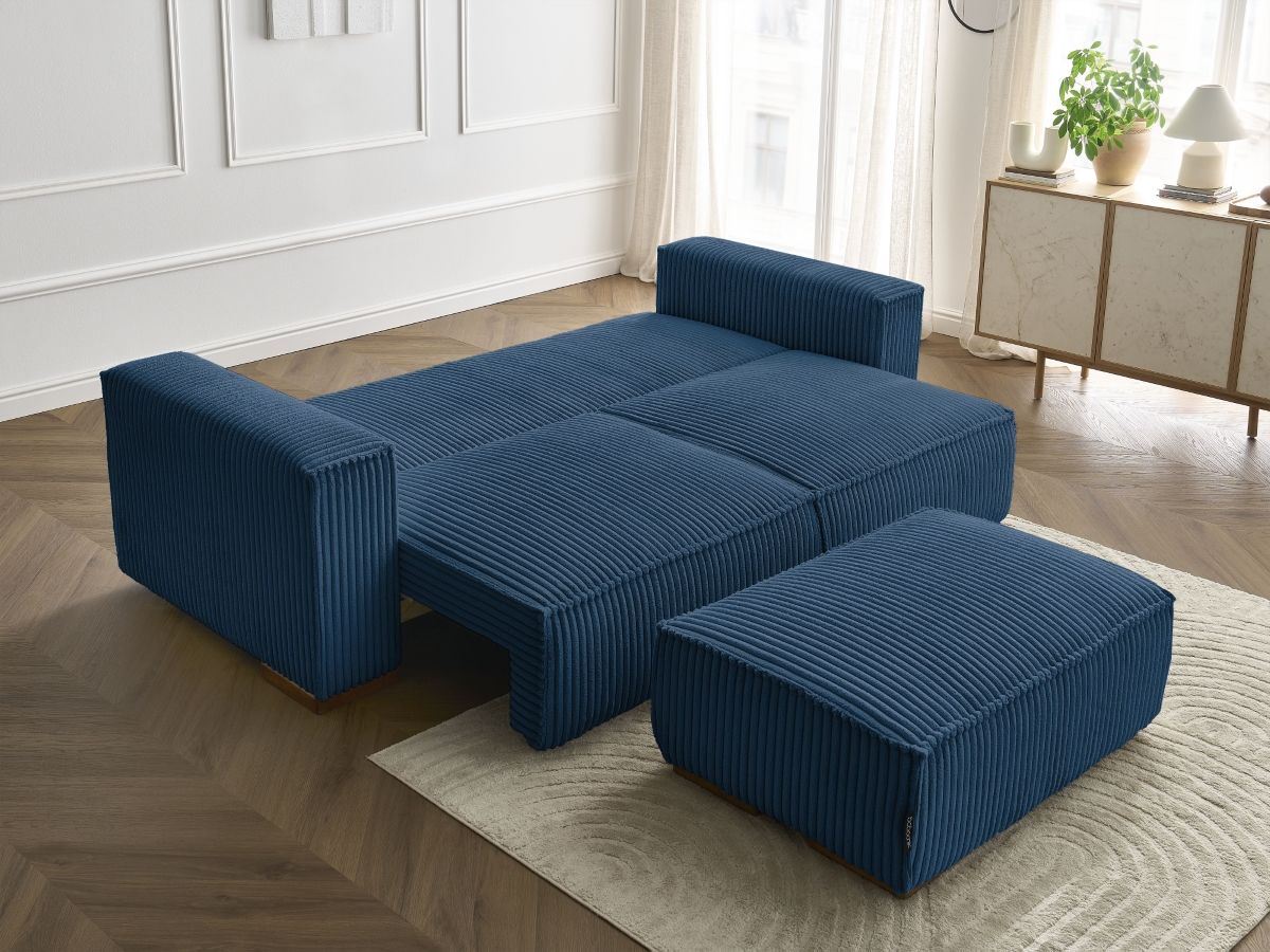 Canapé droit convertible coffre CHELSEA gros côtelé doux avec pouf