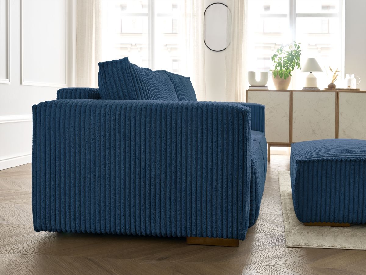 Canapé droit convertible coffre CHELSEA gros côtelé doux avec pouf