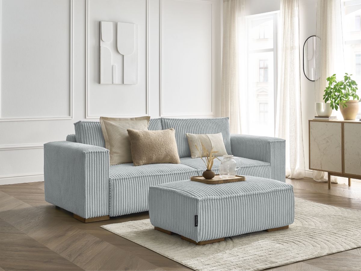 Canapé droit convertible coffre CHELSEA gros côtelé doux avec pouf