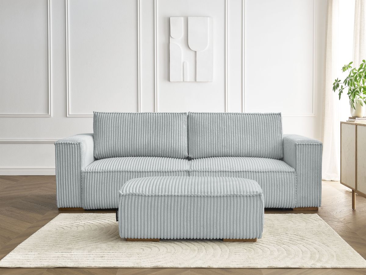 Canapé droit convertible coffre CHELSEA gros côtelé doux avec pouf gris clair — vue 5