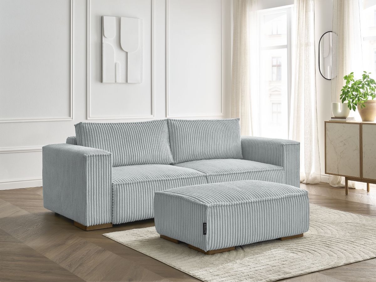 Canapé droit convertible coffre CHELSEA gros côtelé doux avec pouf