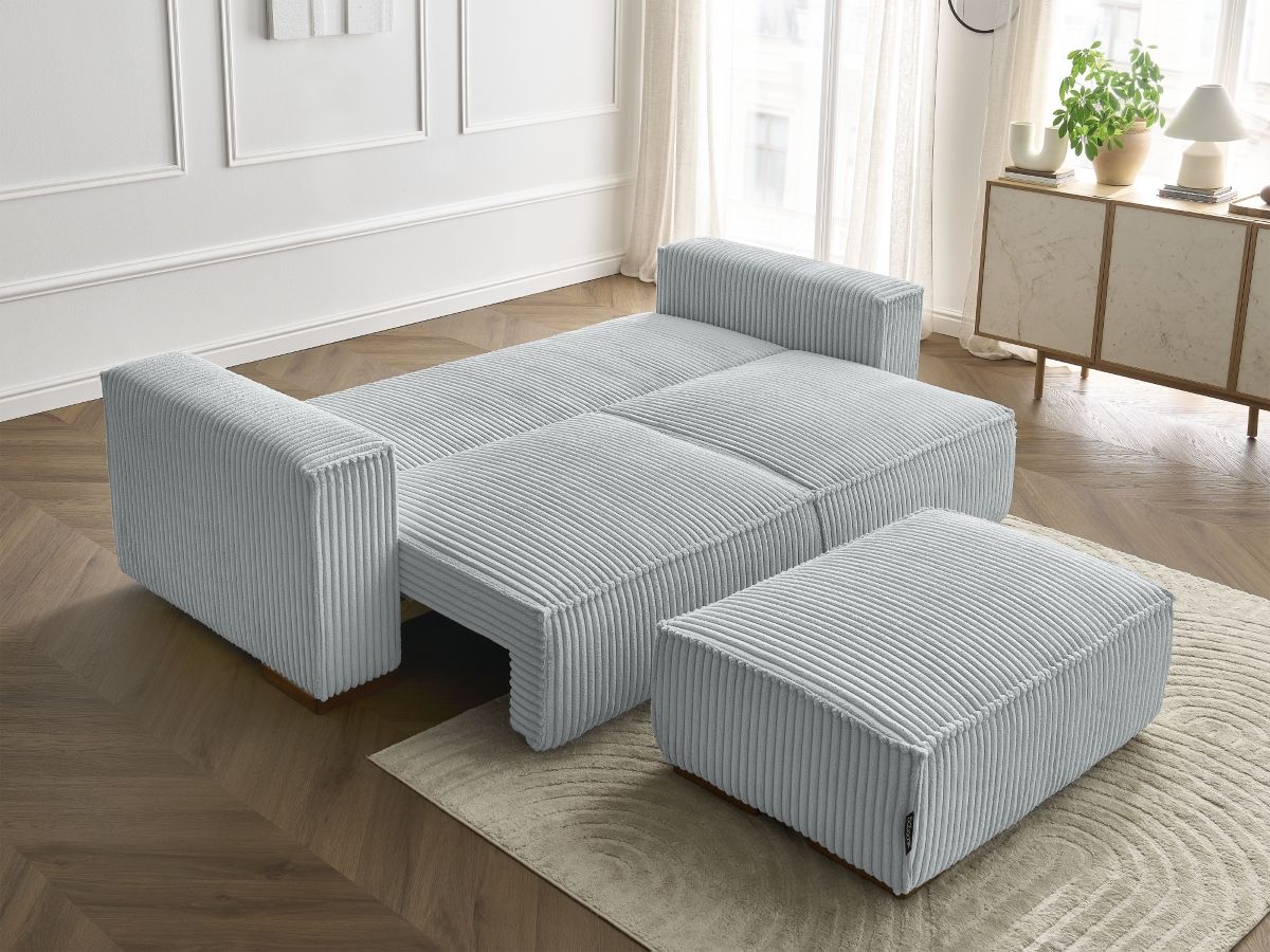 Canapé droit convertible coffre CHELSEA gros côtelé doux avec pouf