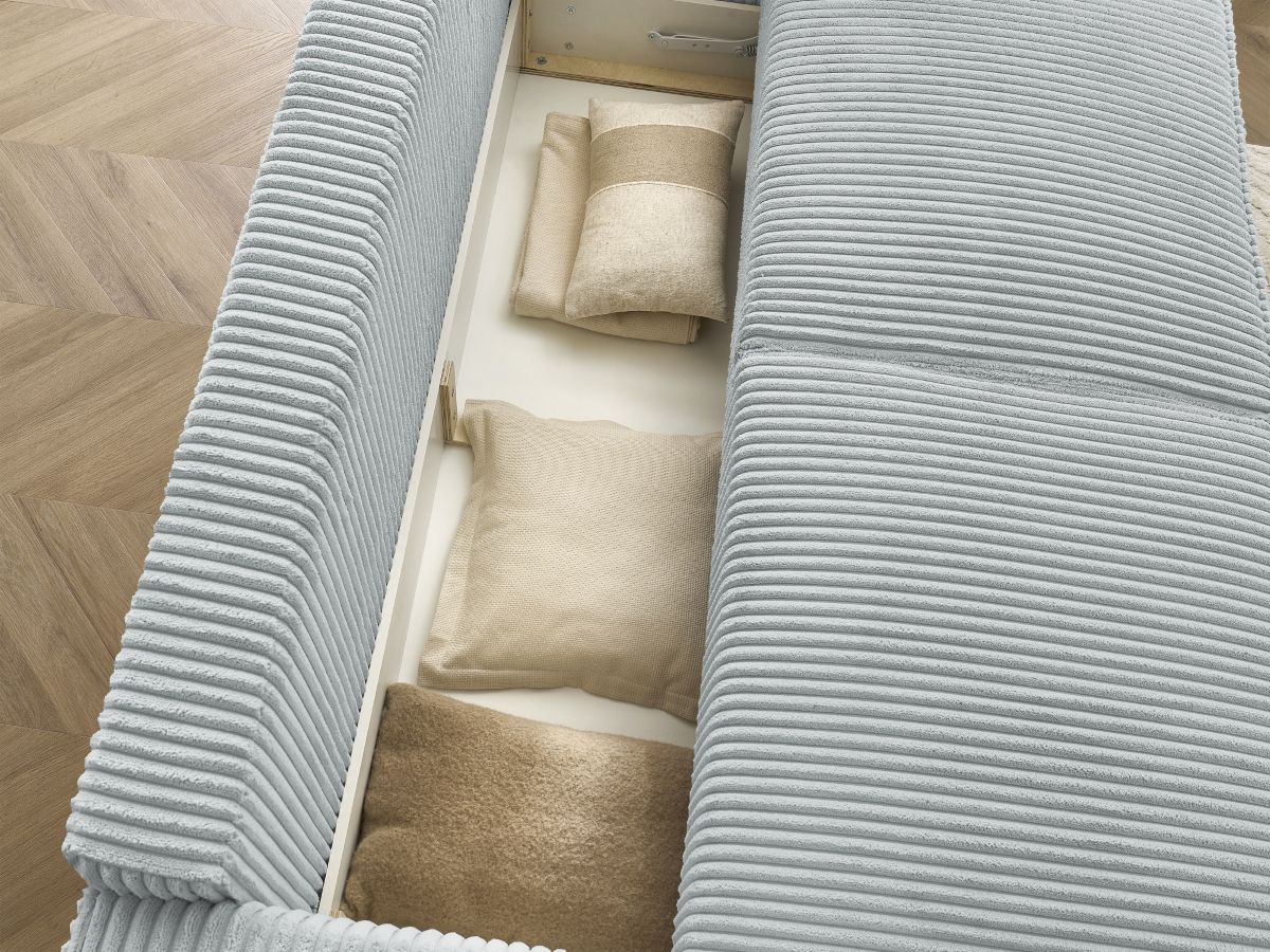 Canapé droit convertible coffre CHELSEA gros côtelé doux avec pouf