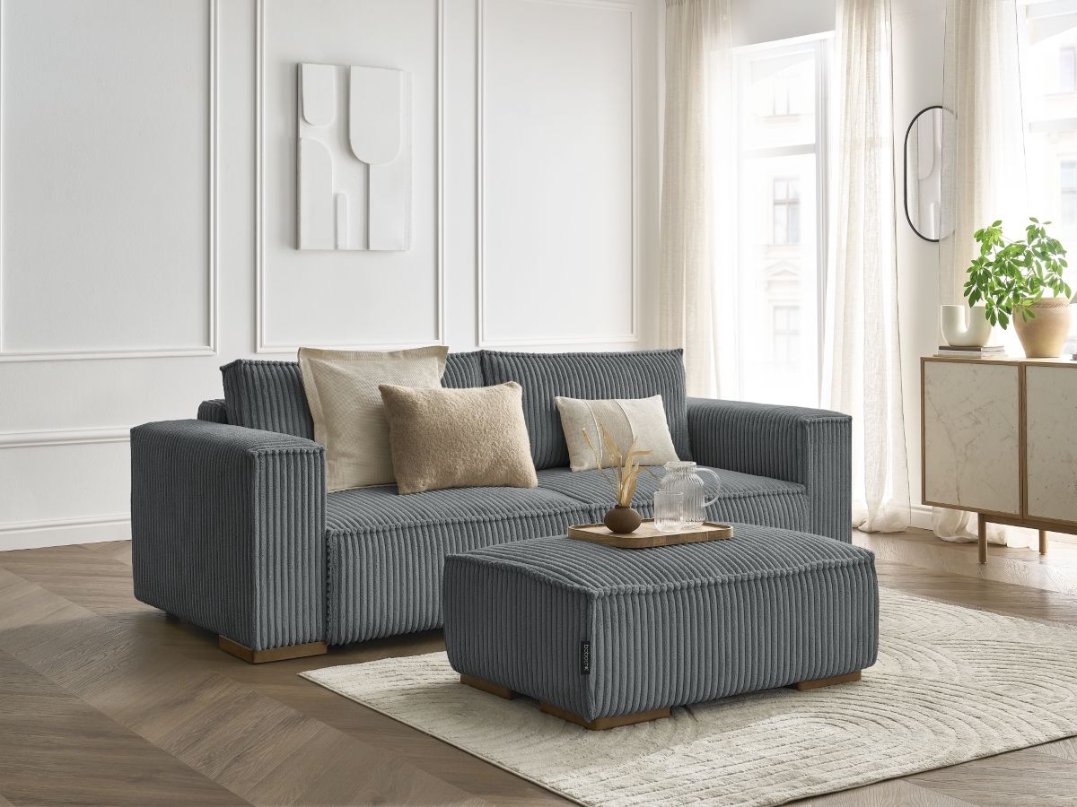 Canapé droit convertible coffre CHELSEA gros côtelé doux avec pouf