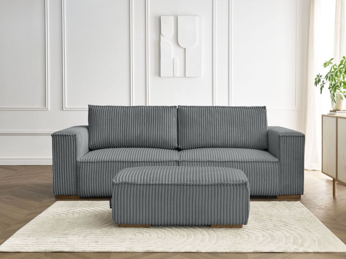 Canapé droit convertible coffre CHELSEA gros côtelé doux avec pouf gris foncé — vue 5