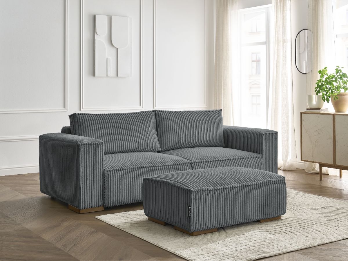 Canapé droit convertible coffre CHELSEA gros côtelé doux avec pouf