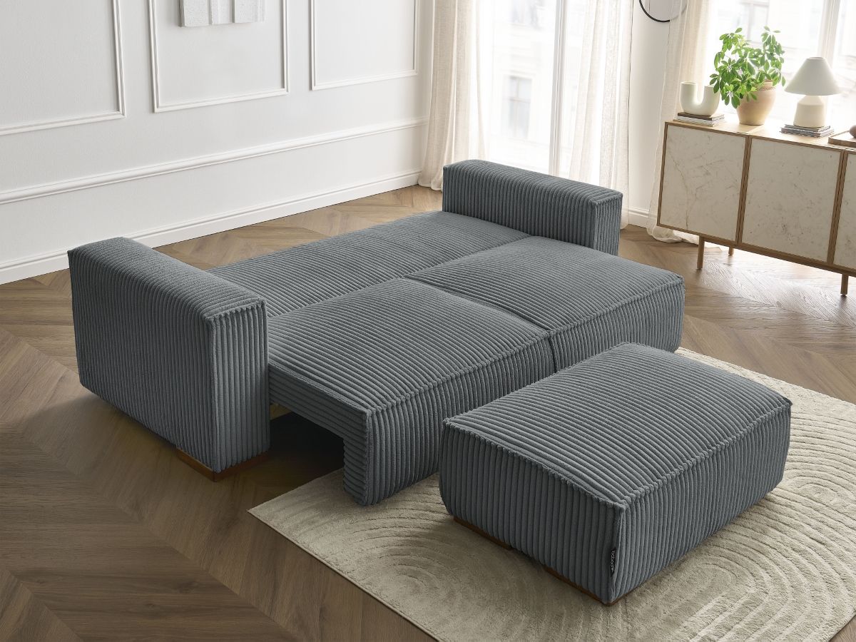 Canapé droit convertible coffre CHELSEA gros côtelé doux avec pouf