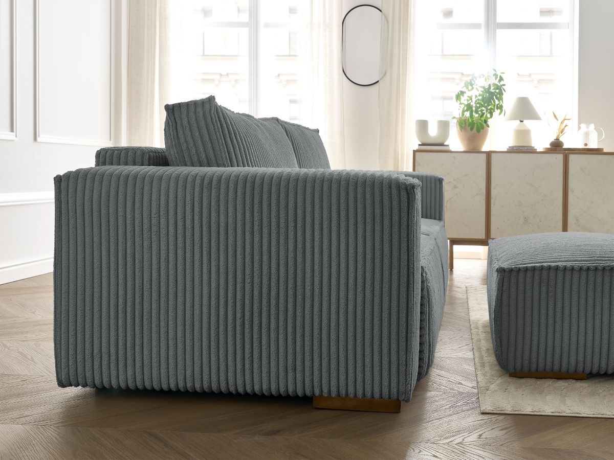 Canapé droit convertible coffre CHELSEA gros côtelé doux avec pouf