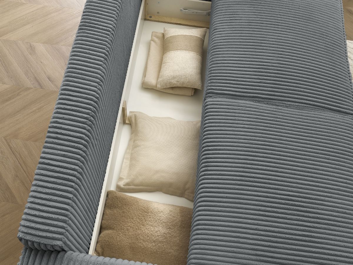 Canapé droit convertible coffre CHELSEA gros côtelé doux avec pouf