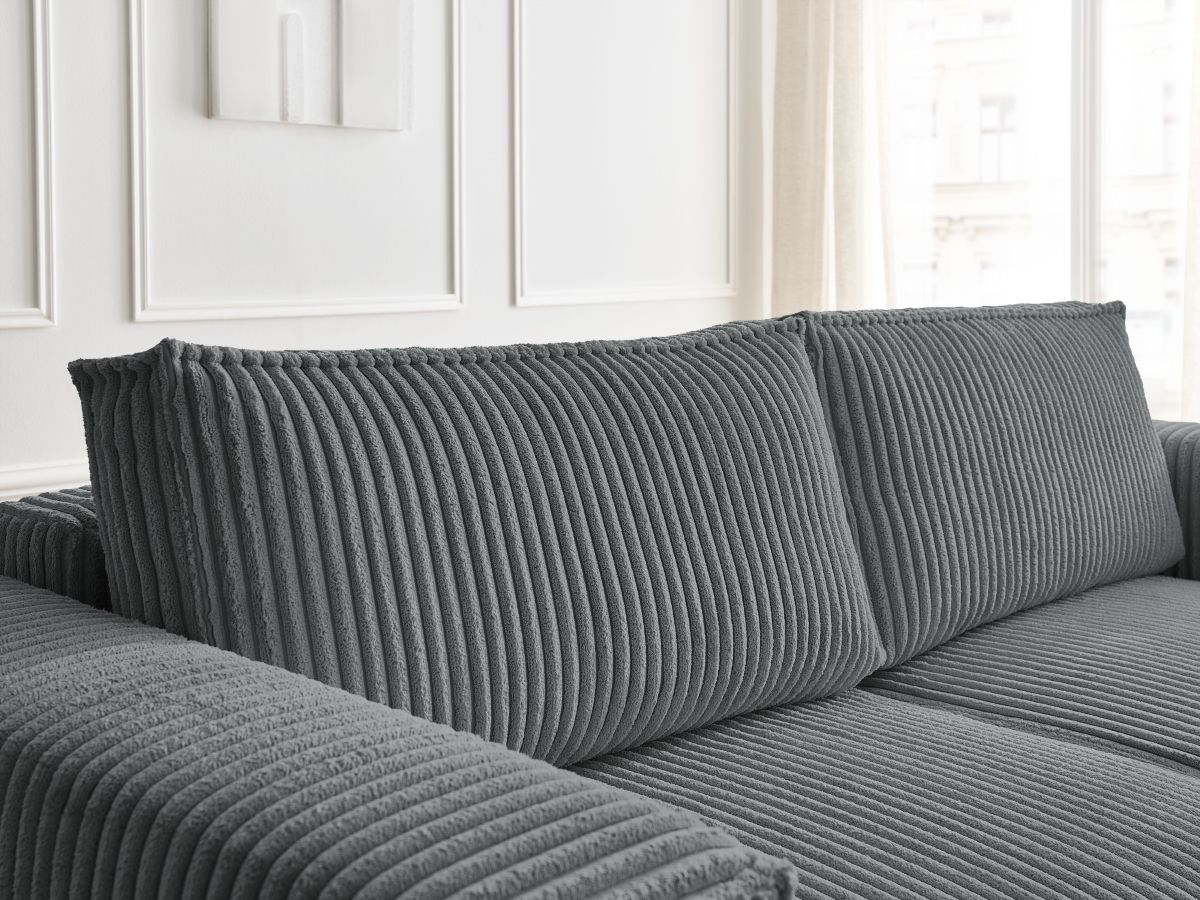 Canapé droit convertible coffre CHELSEA gros côtelé doux avec pouf