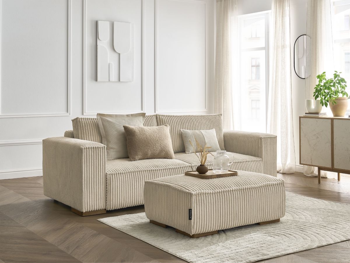 Canapé droit convertible coffre CHELSEA gros côtelé doux avec pouf