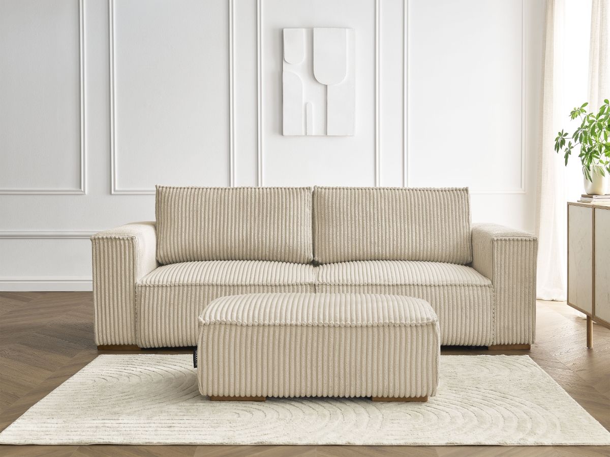 Canapé droit convertible coffre CHELSEA gros côtelé doux avec pouf taupe — vue 5