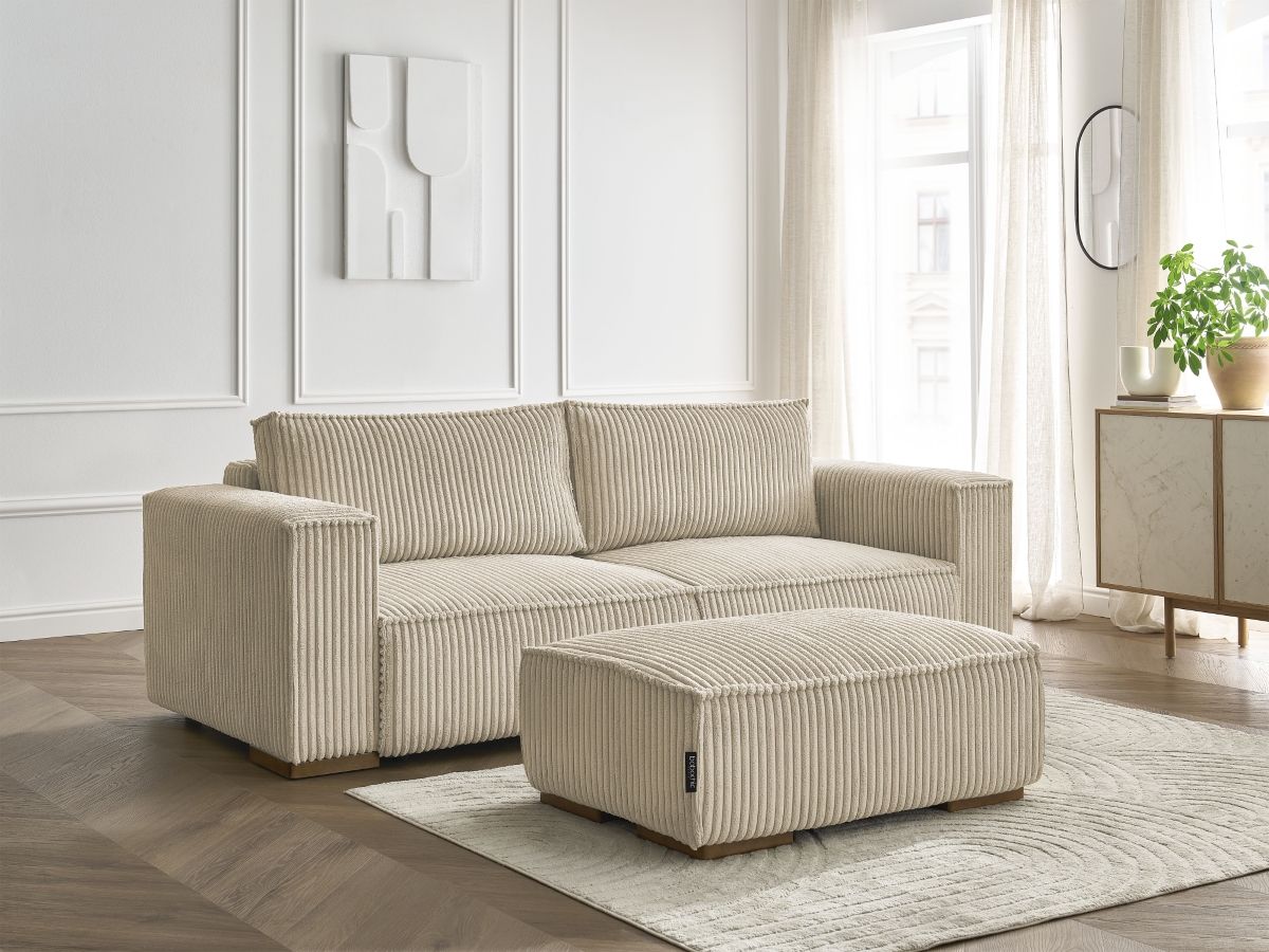 Canapé droit convertible coffre CHELSEA gros côtelé doux avec pouf