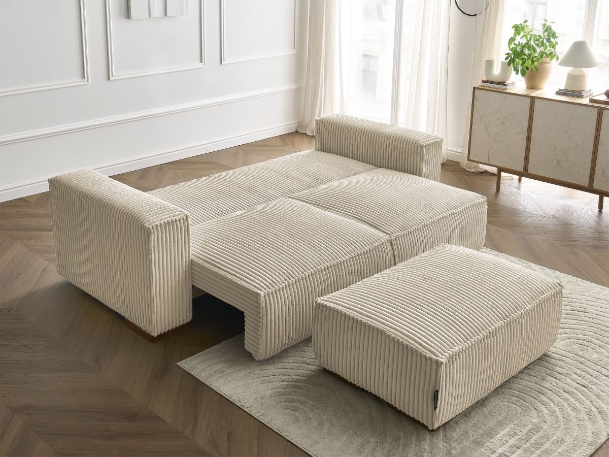 Canapé droit convertible coffre CHELSEA gros côtelé doux avec pouf