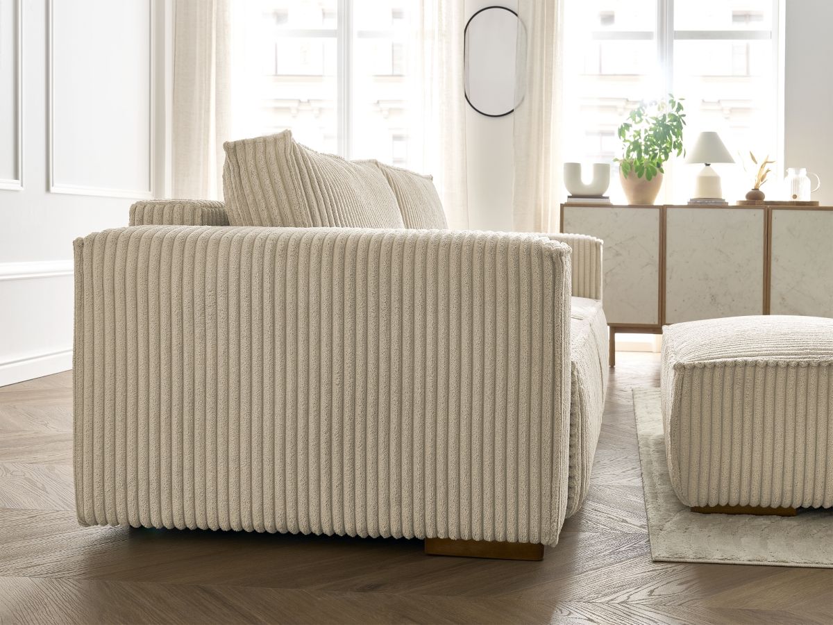 Canapé droit convertible coffre CHELSEA gros côtelé doux avec pouf