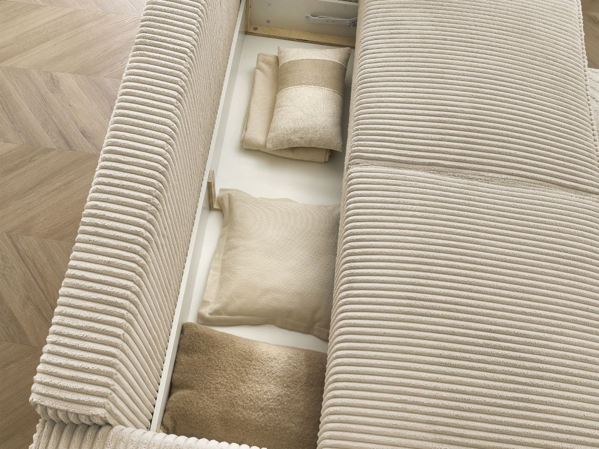 Canapé droit convertible coffre CHELSEA gros côtelé doux avec pouf