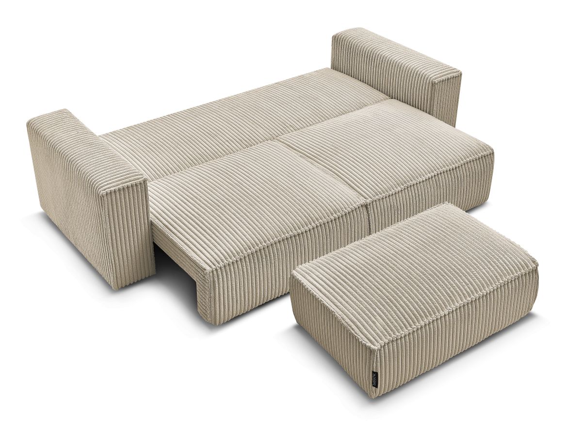Canapé droit convertible coffre CHELSEA gros côtelé doux avec pouf