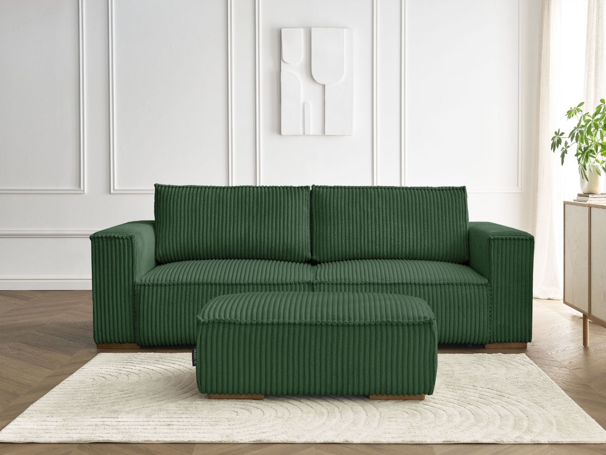 Canapé droit convertible coffre CHELSEA gros côtelé doux avec pouf vert — vue 5