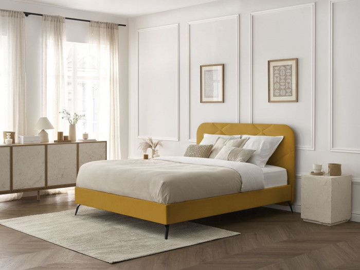 Łóżko ROMANE z solidnymi listwami w tkaninie aksamitnej