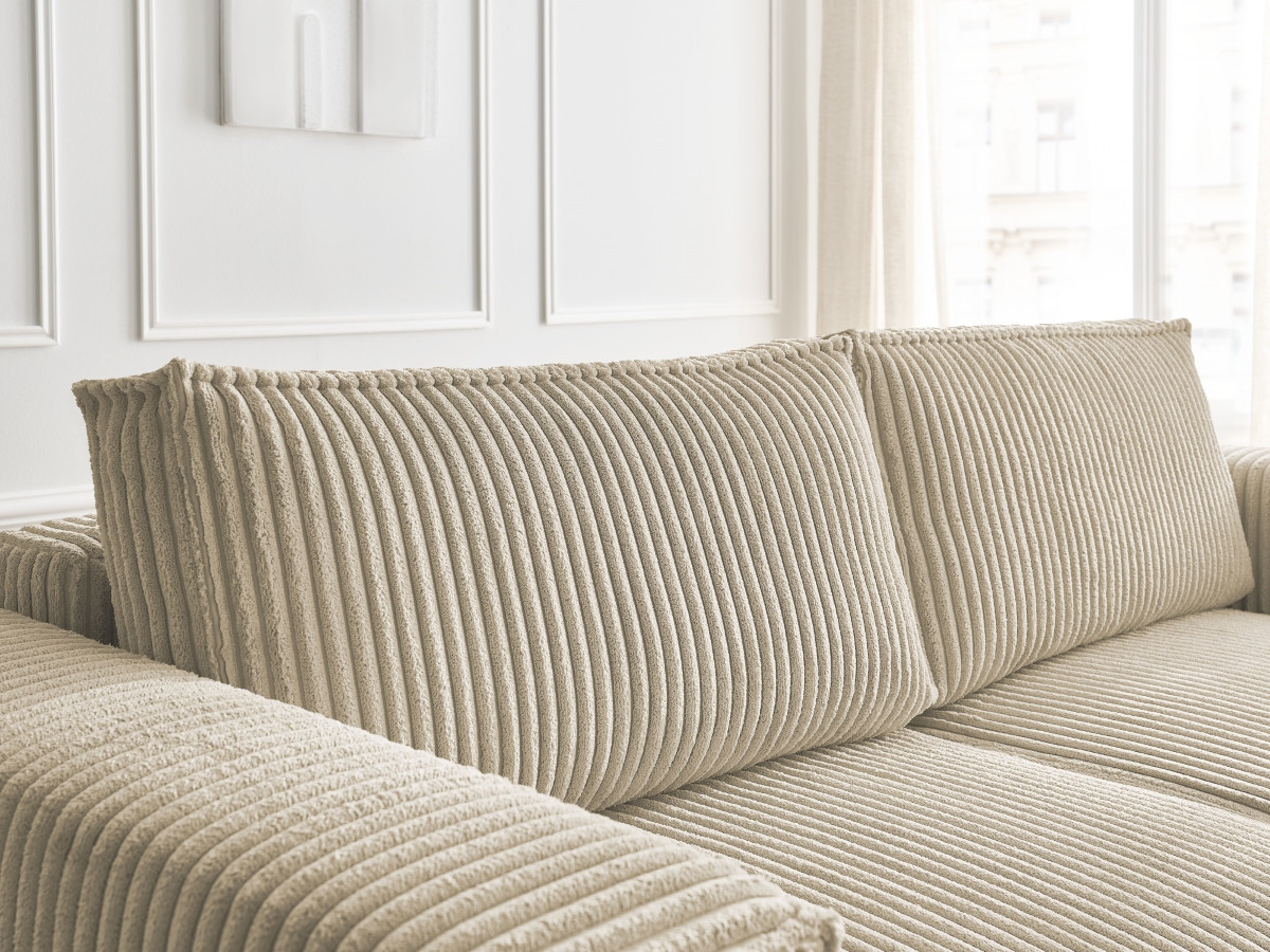 Canapé droit convertible coffre CHELSEA gros côtelé doux avec pouf