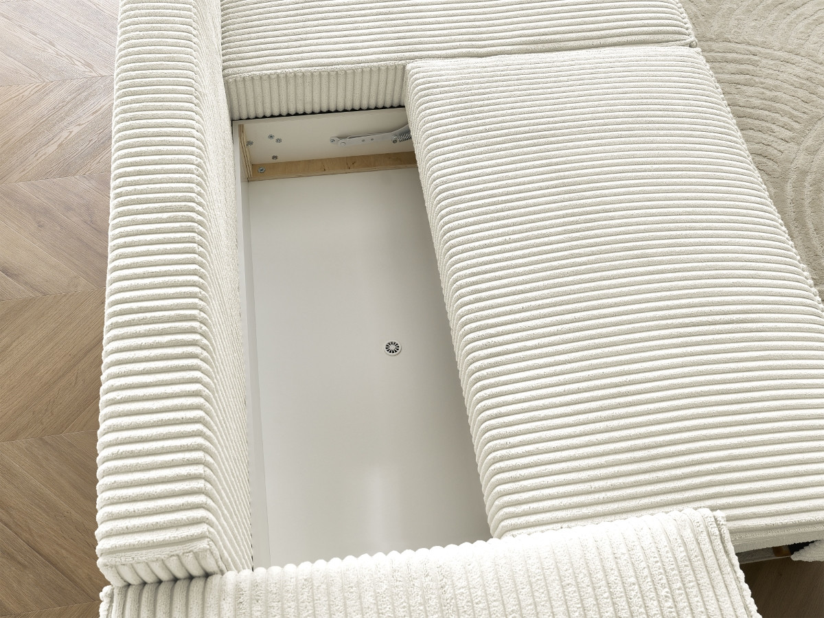 Canapé panoramique convertible coffre CHELSEA gros côtelé doux avec pouf