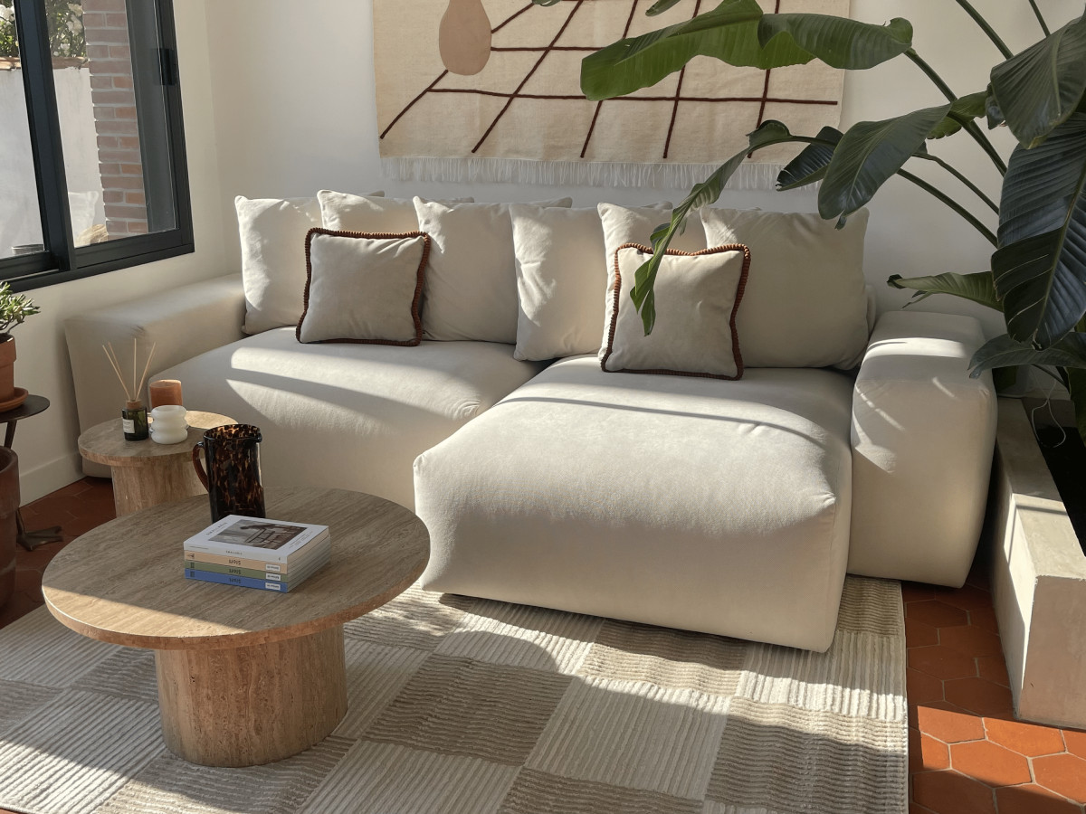 Canapé d'angle convertible réversible coffre VOLTAIRE tissu lisse