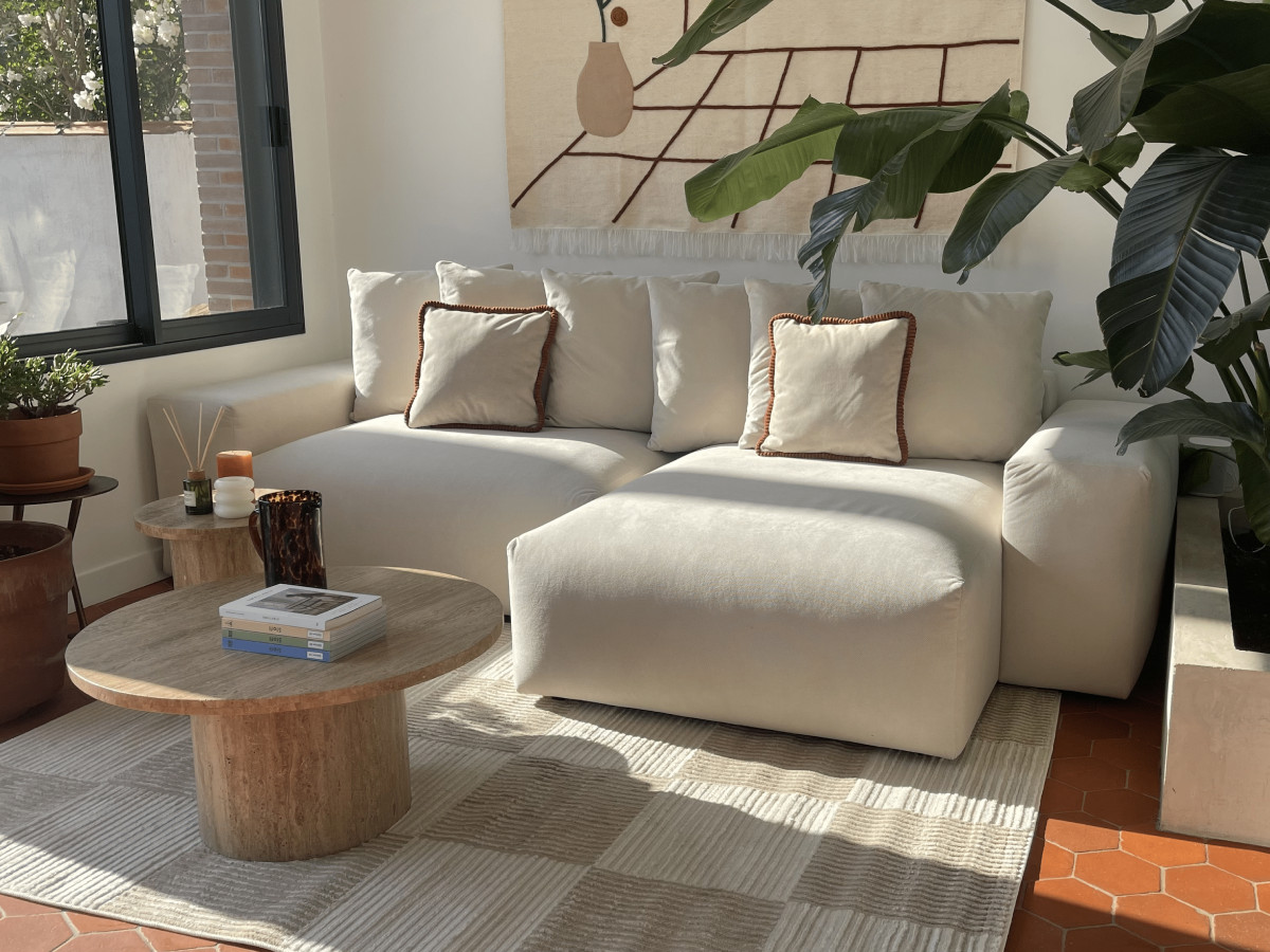 Canapé d'angle convertible réversible coffre VOLTAIRE tissu lisse