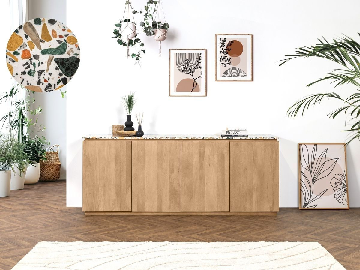 BARBARA 4-deurs dressoir 200 cm massief mangohout en terrazzo