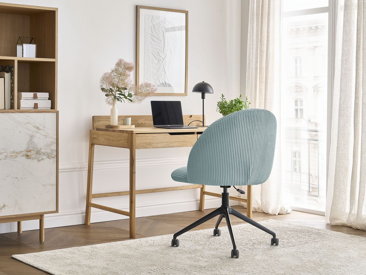 Chaise de bureau LALIE velours côtelé et pietement à roulettes avec hauteur ajustable bleu clair — vue 5