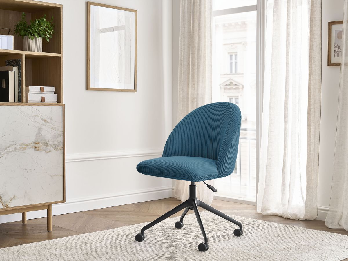 Chaise de bureau LALIE velours côtelé et pietement à roulettes avec hauteur ajustable bleu foncé — vue 5