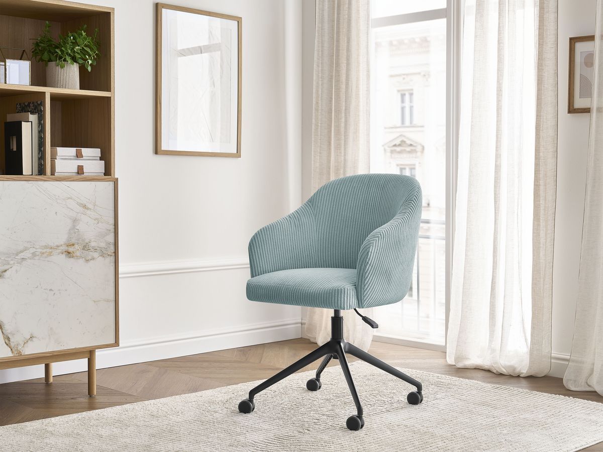 Chaise de bureau SOPHIE velours côtelé et pietement à roulettes avec hauteur ajustable bleu clair — vue 5