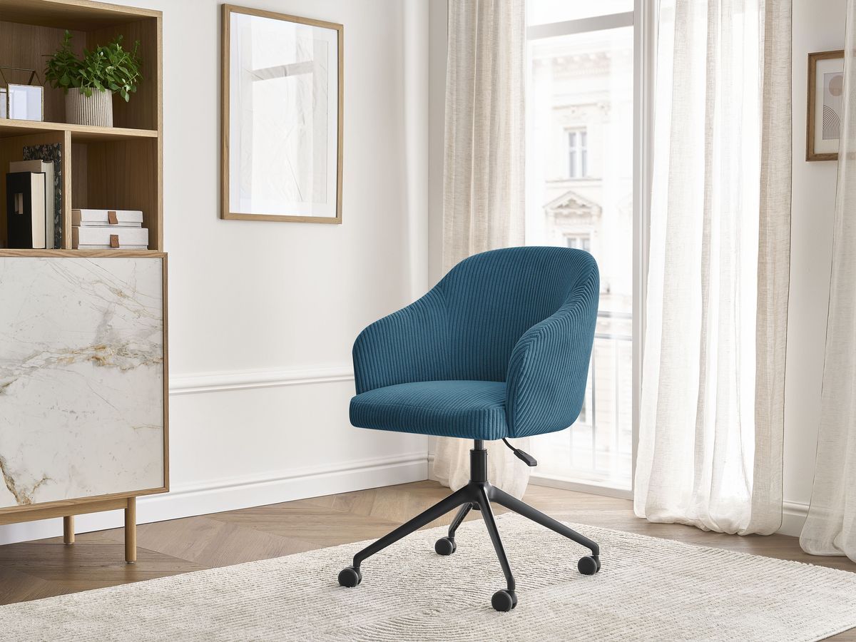 Chaise de bureau SOPHIE velours côtelé et pietement à roulettes avec hauteur ajustable bleu foncé — vue 5