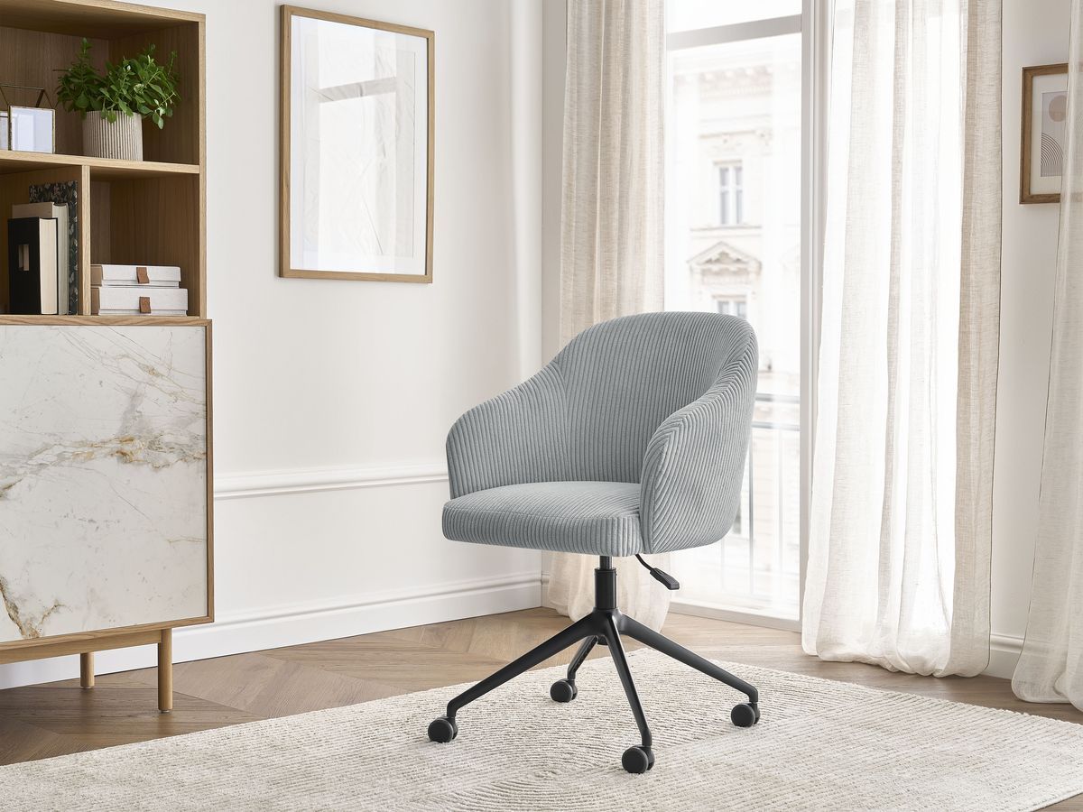 Chaise de bureau SOPHIE velours côtelé et pietement à roulettes avec hauteur ajustable gris clair — vue 5