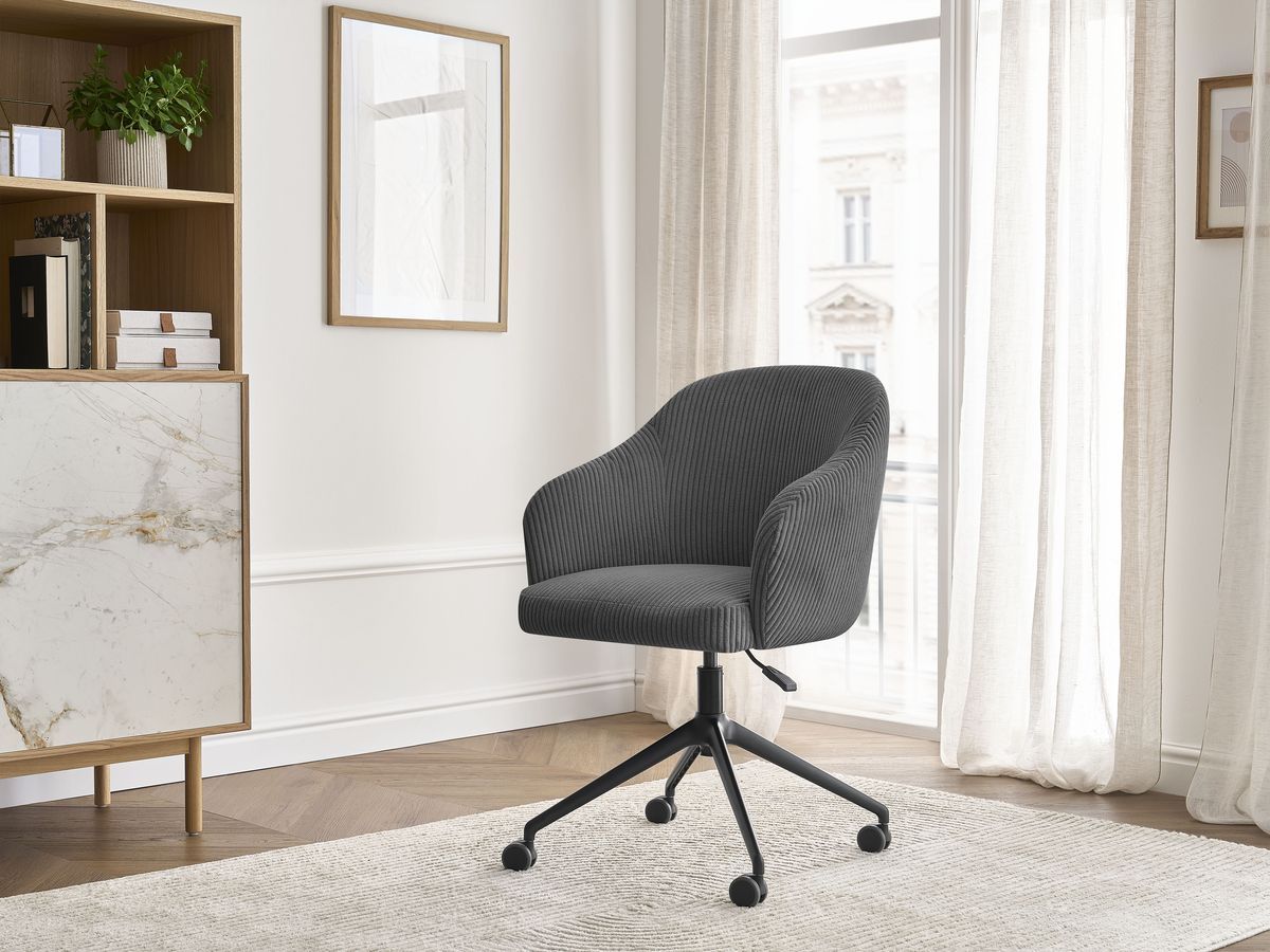 Chaise de bureau SOPHIE velours côtelé et pietement à roulettes avec hauteur ajustable gris foncé — vue 5