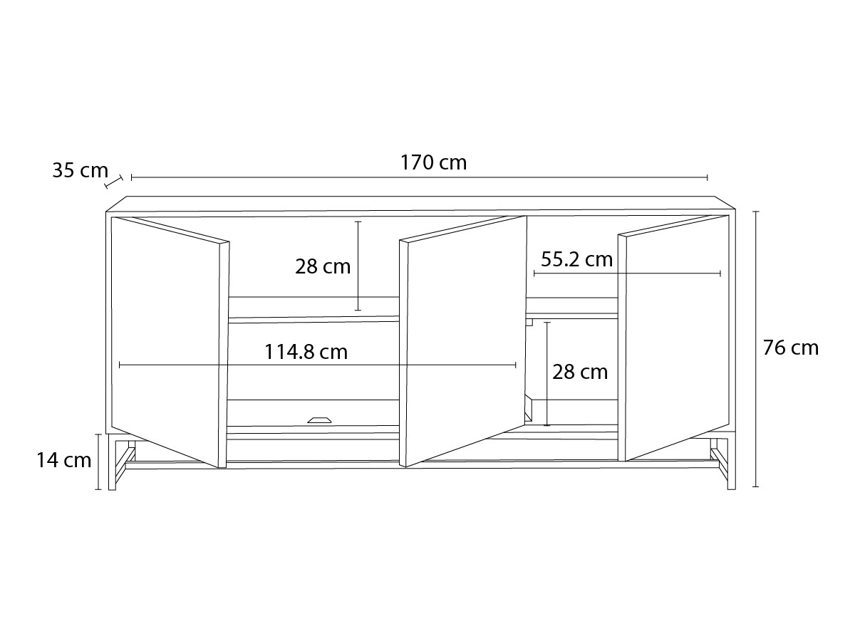 NAOMIE 3-deurs dressoir 170 cm massief acaciahout