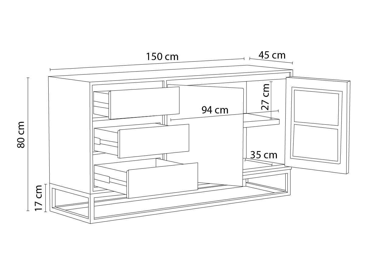 Buffet 2 portes 3 tiroirs 150 cm BERGERAC bois massif de manguier