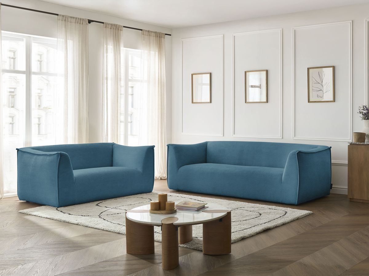 Ensemble canapé droit 3 + 2 places GIORGIA velours côtelé bleu clair — vue 6