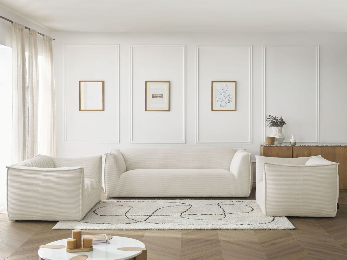 Ensemble canapé droit fixe 3 + 2 places + fauteuil GIORGIA velours côtelé beige   BOBOCHIC - Vue supplémentaire 3